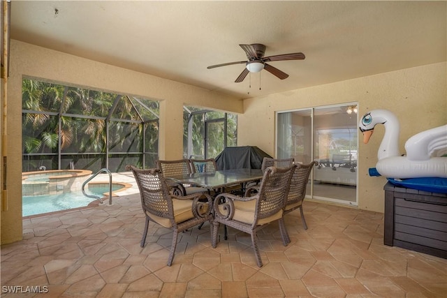 exterior space featuring ceiling fan, outdoor dining area, a jacuzzi, and a pool