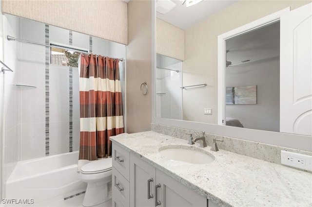 full bath with toilet, vanity, and shower / bathtub combination with curtain