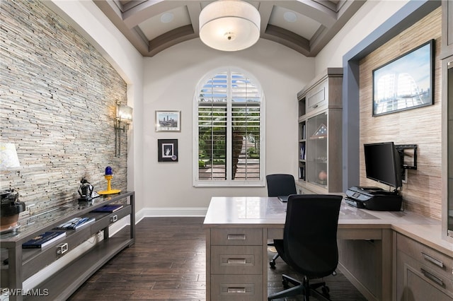 office with dark wood-style flooring, baseboards, and coffered ceiling
