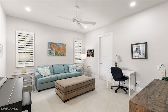 office area with light colored carpet, baseboards, a ceiling fan, and recessed lighting