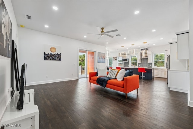 8605 Inwood Dr, Hudson, FL 34667 - living area featuring ceiling fan, dark wood-type flooring, and recessed lighting