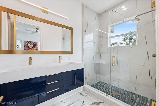 8605 Inwood Dr, Hudson, FL 34667 - bathroom featuring a marble finish shower, double vanity, marble look tiles, and ceiling fan