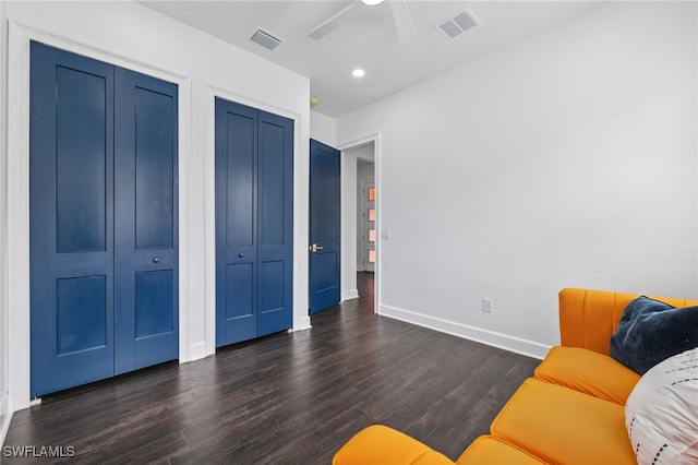 8605 Inwood Dr, Hudson, FL 34667 - living area with dark wood finished floors, ceiling fan, and recessed lighting