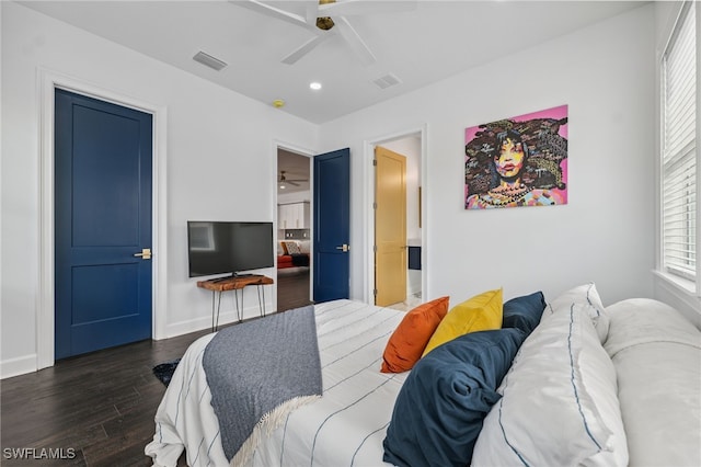 8605 Inwood Dr, Hudson, FL 34667 - bedroom featuring wood finished floors, recessed lighting, connected bathroom, and ceiling fan