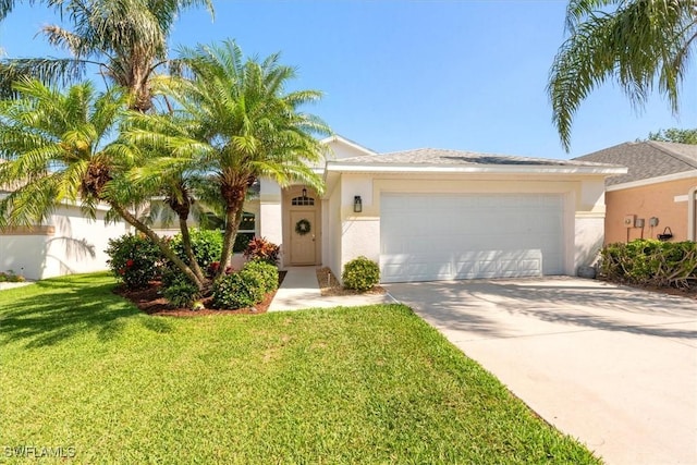 view of front of home with concrete driveway, stucco siding, a front yard, and a garage