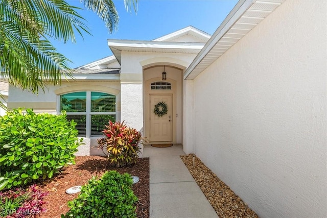 view of exterior entry featuring stucco siding