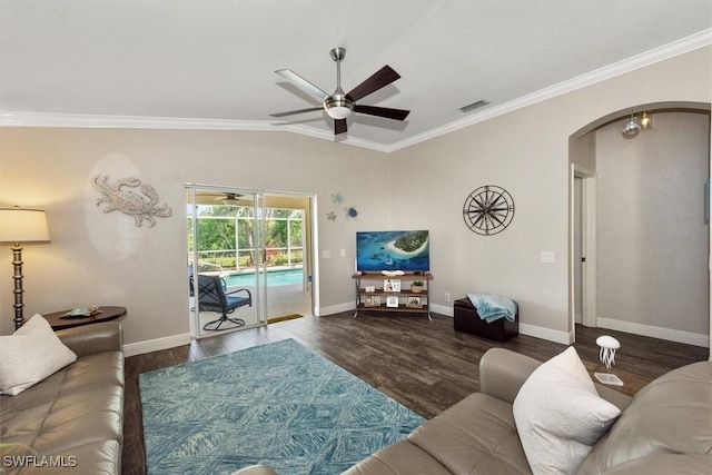 living room featuring arched walkways, ceiling fan, ornamental molding, and visible vents