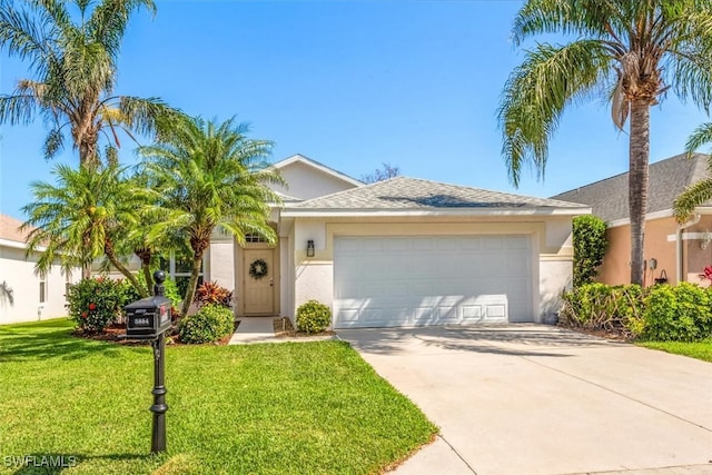 view of front of house with an attached garage, driveway, a front yard, and stucco siding
