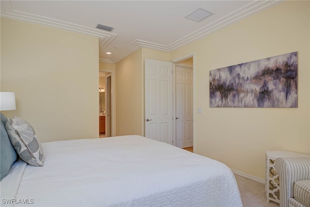carpeted bedroom with baseboards, attic access, recessed lighting, and visible vents
