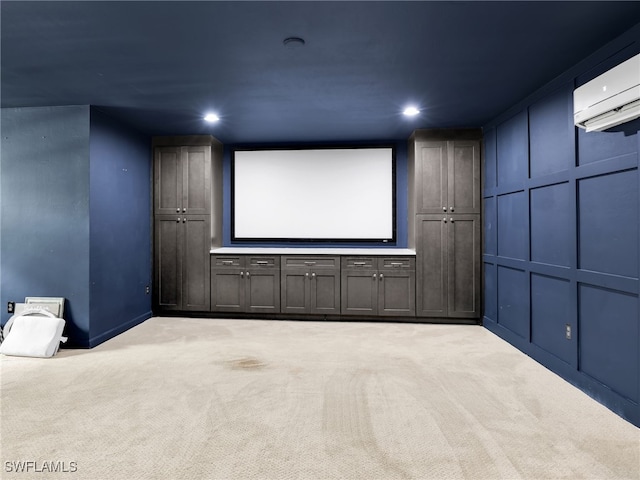 carpeted cinema with baseboards, a wall mounted AC, and recessed lighting