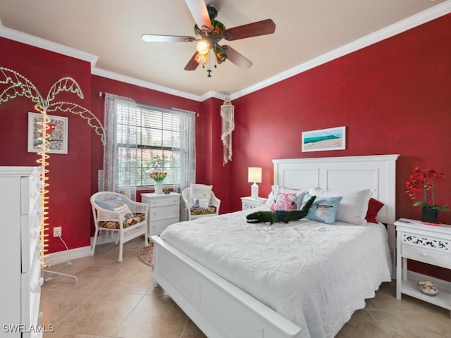 bedroom featuring baseboards, ornamental molding, a ceiling fan, and light tile patterned floors