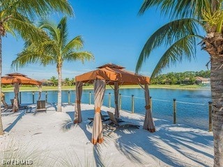 exterior space with a water view