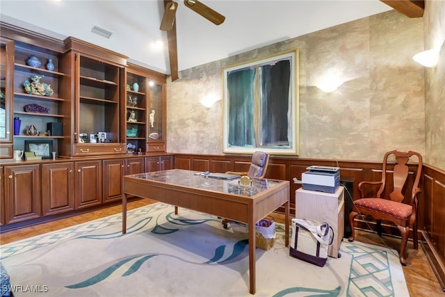13488 Rosewood Ln, Naples, FL 34119 - office featuring a wainscoted wall and ceiling fan