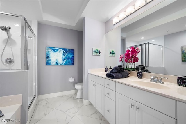 full bathroom with double vanity, a stall shower, a sink, baseboards, and marble finish floor