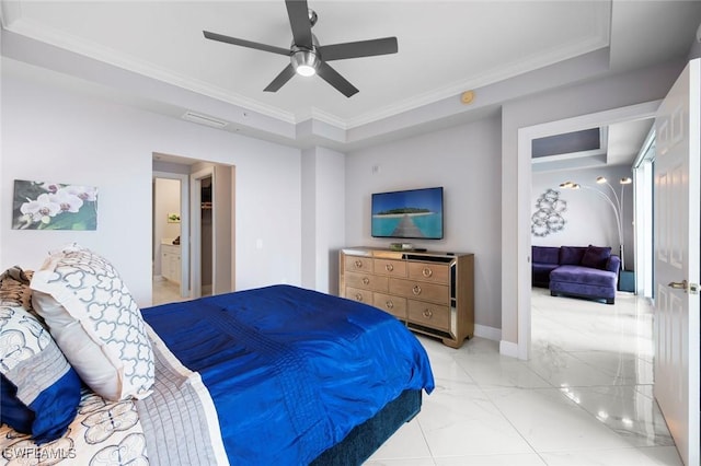 bedroom featuring a ceiling fan, visible vents, ensuite bath, marble finish floor, and ornamental molding