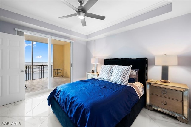 bedroom featuring marble finish floor, ceiling fan, and crown molding