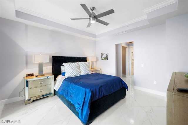 bedroom featuring baseboards, marble finish floor, ornamental molding, and a ceiling fan
