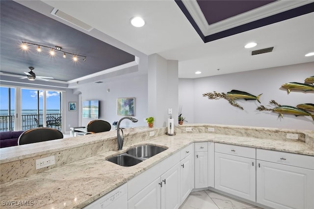 kitchen with a raised ceiling, visible vents, crown molding, and a sink
