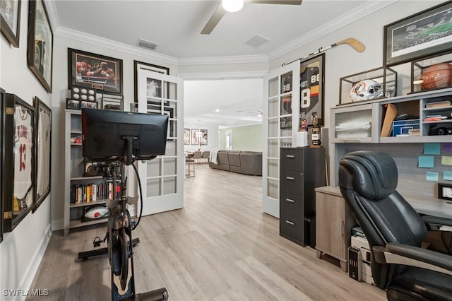 28140 Captiva Shell Loop, Bonita Springs, FL 34135 - office area featuring french doors, wood finished floors, visible vents, crown molding, and a ceiling fan