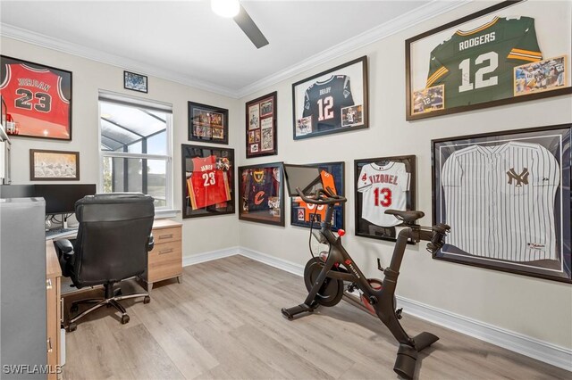 28140 Captiva Shell Loop, Bonita Springs, FL 34135 - home office with wood finished floors, a ceiling fan, and ornamental molding