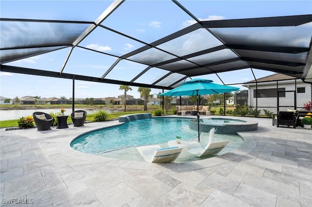28140 Captiva Shell Loop, Bonita Springs, FL 34135 - view of pool featuring a water view, a patio area, a pool with connected hot tub, and a lanai