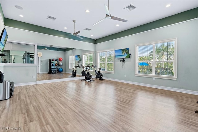 28140 Captiva Shell Loop, Bonita Springs, FL 34135 - exercise area featuring a ceiling fan, visible vents, and wood finished floors