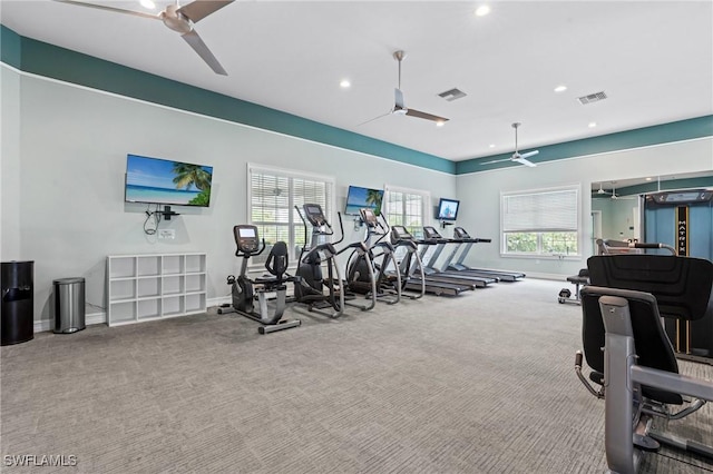28140 Captiva Shell Loop, Bonita Springs, FL 34135 - gym with carpet, visible vents, ceiling fan, and recessed lighting