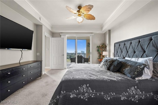 bedroom featuring carpet flooring, access to exterior, crown molding, baseboards, and ceiling fan