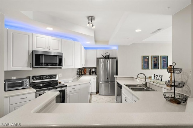 kitchen with recessed lighting, a toaster, stainless steel appliances, and a sink