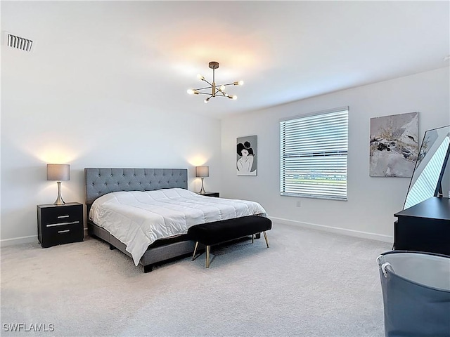 bedroom with baseboards, visible vents, light carpet, and an inviting chandelier