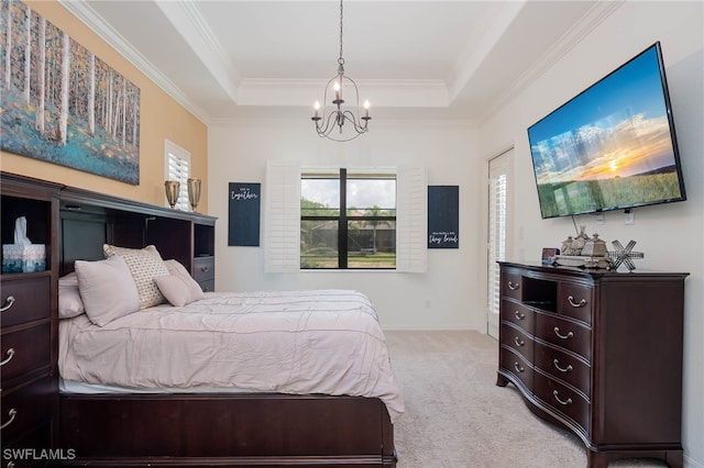 bedroom with light colored carpet, baseboards, crown molding, a tray ceiling, and a notable chandelier