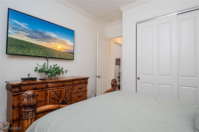 bedroom featuring crown molding and a closet