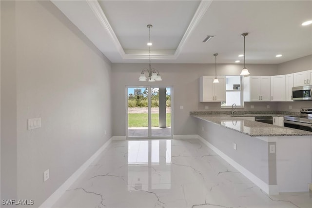 kitchen with stainless steel appliances, baseboards, light stone countertops, and marble finish floor