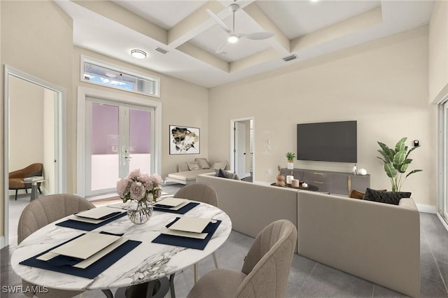 1043 Albert Ave, Lehigh Acres, FL 33971 - dining area featuring a ceiling fan, a high ceiling, visible vents, and coffered ceiling