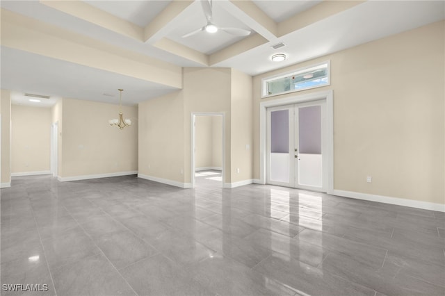 1043 Albert Ave, Lehigh Acres, FL 33971 - unfurnished living room featuring ceiling fan with notable chandelier, baseboards, beamed ceiling, and coffered ceiling