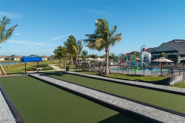 view of property's community featuring a residential view and fence