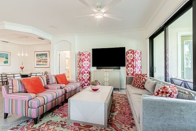 2173 Frangipani Cir Unit 102, Naples, FL 34120 - living area with ornamental molding and ceiling fan