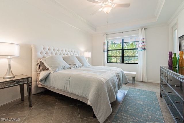 2173 Frangipani Cir Unit 102, Naples, FL 34120 - tiled bedroom with a raised ceiling, ornamental molding, and ceiling fan