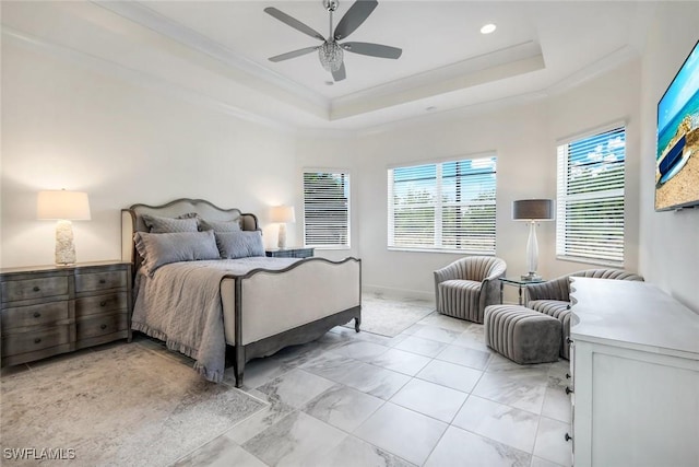 28616 Wharton Dr, Bonita Springs, FL 34135 - bedroom with crown molding, a tray ceiling, a ceiling fan, and light marble finish floors