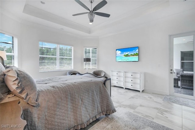 28616 Wharton Dr, Bonita Springs, FL 34135 - bedroom featuring a raised ceiling, baseboards, ceiling fan, marble finish floors, and recessed lighting