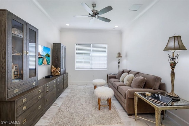28616 Wharton Dr, Bonita Springs, FL 34135 - living room featuring ceiling fan, baseboards, and ornamental molding