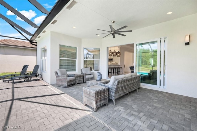 28616 Wharton Dr, Bonita Springs, FL 34135 - view of patio / terrace featuring an outdoor hangout area, ceiling fan, and glass enclosure