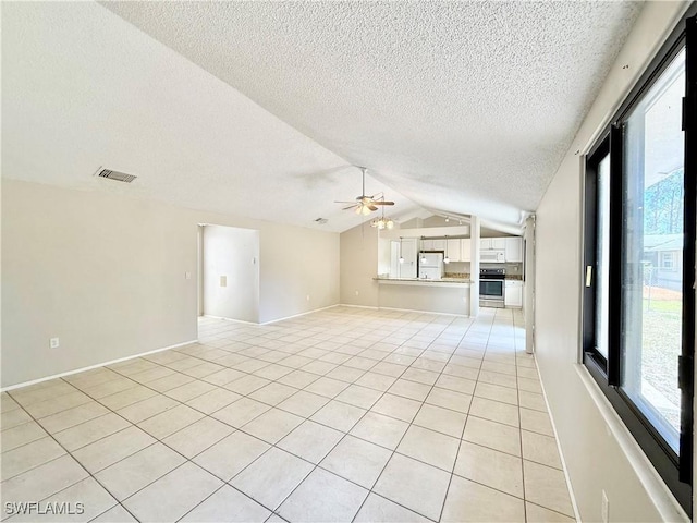 unfurnished living room with visible vents, lofted ceiling, ceiling fan, plenty of natural light, and a textured ceiling