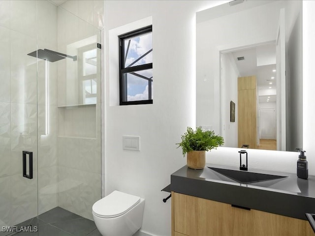 full bathroom featuring vanity, a shower stall, toilet, and visible vents