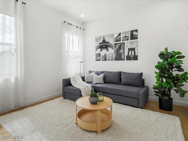 living room with recessed lighting, baseboards, and wood finished floors