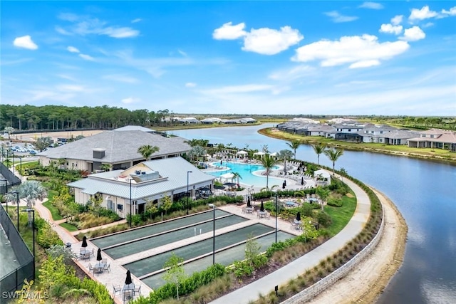 aerial view featuring a water view