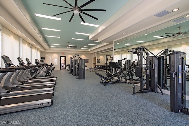 workout area featuring ceiling fan