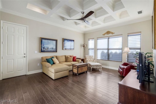 living room with ceiling fan, coffered ceiling, baseboards, beamed ceiling, and dark wood-style floors