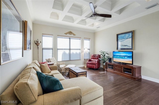 living area featuring ceiling fan, beamed ceiling, dark wood-type flooring, baseboards, and coffered ceiling
