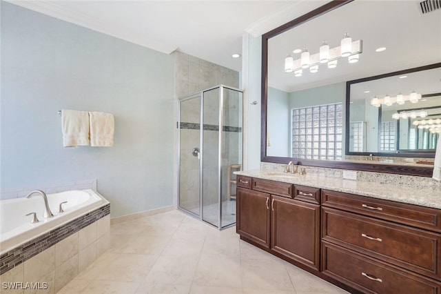 bathroom with a shower stall, a bath, crown molding, and vanity